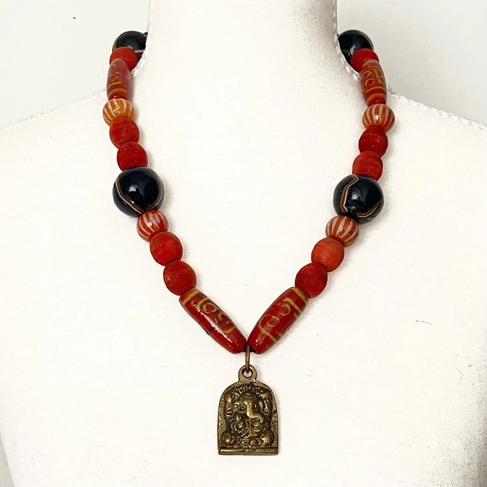 Handcrafted Chunky Ceramic Bead Statement Necklace Ganesha Charm from India Boho